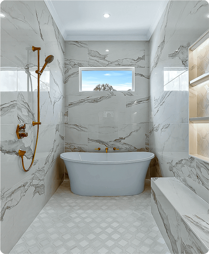 Luxury bathroom with freestanding tub, gold hardware, and marble tile, captured by R. Huggins, Raleigh real estate photographer