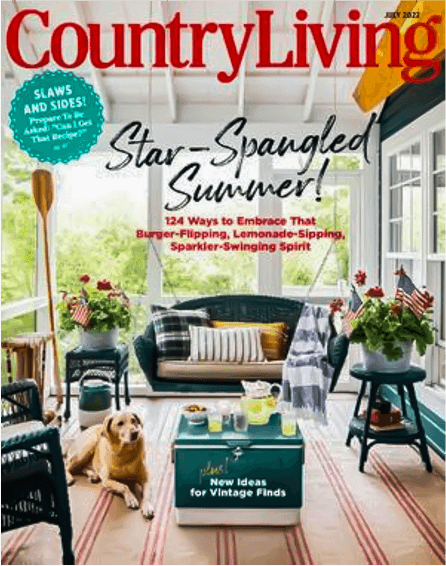 Cover of Country Living magazine, July 2022 issue, featuring summer styling and real estate photography by R. Huggins