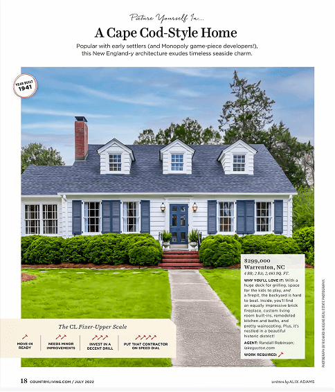 Cape Cod-style home photographed by Richard Huggins, featured in Country Living magazine’s July 2022 editorial spread