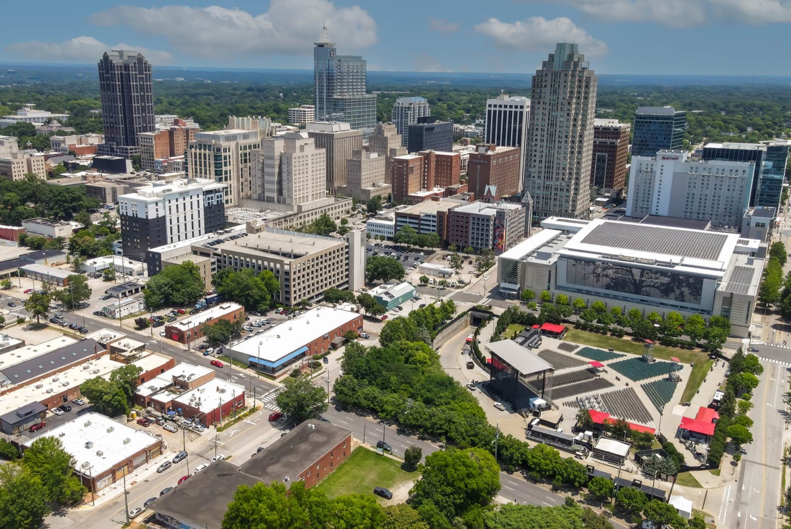 Aerial drone photo of downtown Raleigh skyline, aerial photography by R. Huggins