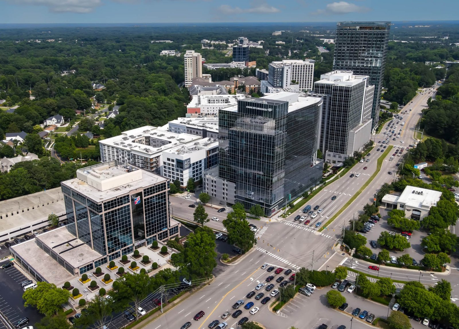 Aerial drone photo of North Hills commercial office buildings in Raleigh NC, commercial photography by R. Huggins